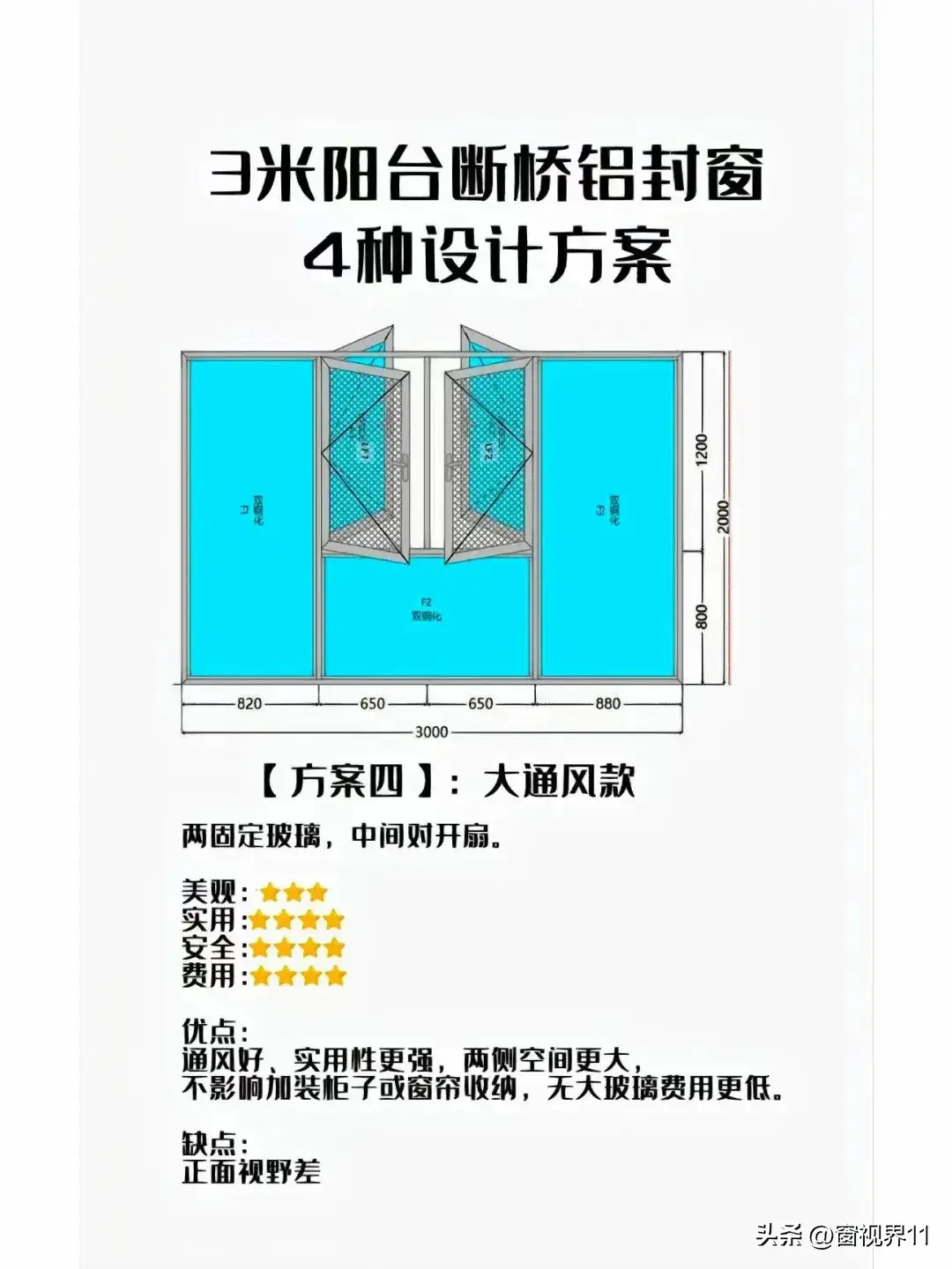 3米阳台断桥铝封窗，4种设计方案|