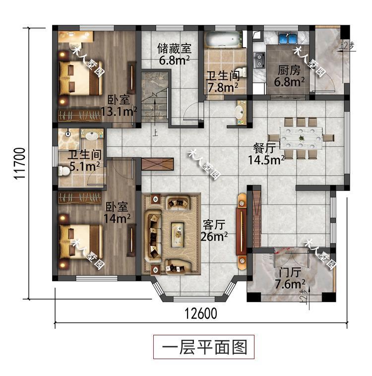 12.6×11.7米二层别墅，右侧大门设计，比多数房子好看有造型