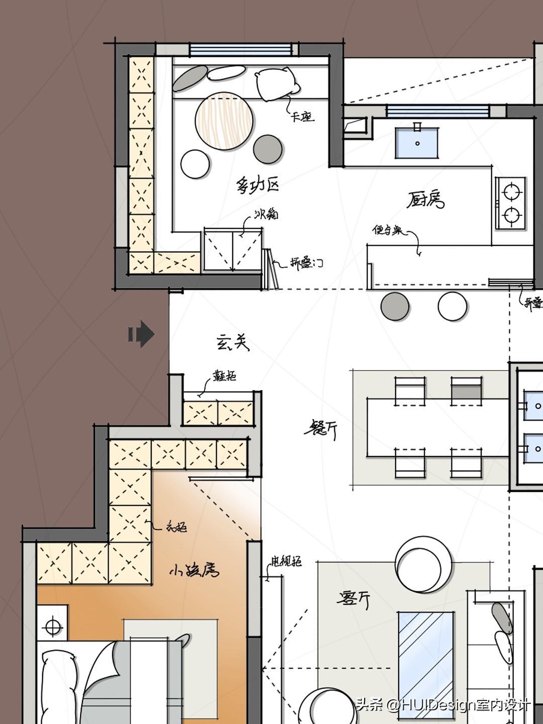 132㎡，餐廳四周都是門，改造後餐桌成為視覺中心，空間更靈動