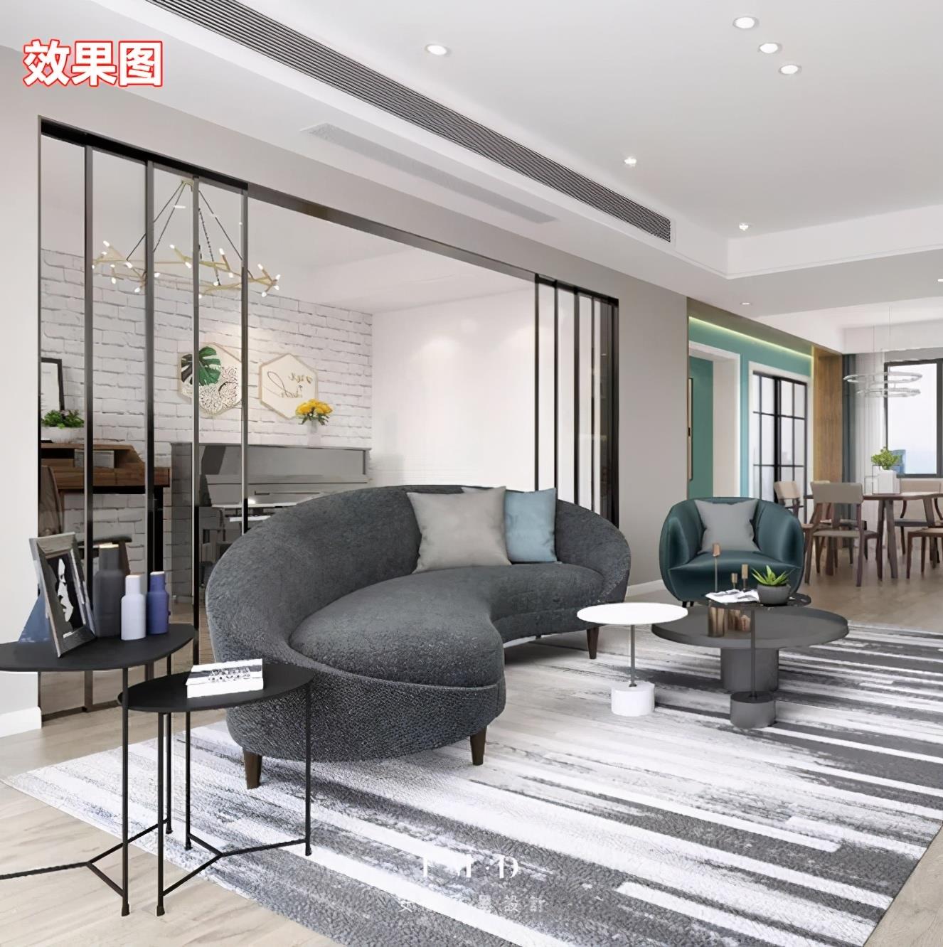 Remove the partition wall between the living room and the study room, and use a wall-mounted suspended TV wall as a partition to realize the interconnection and sharing of functional areas.