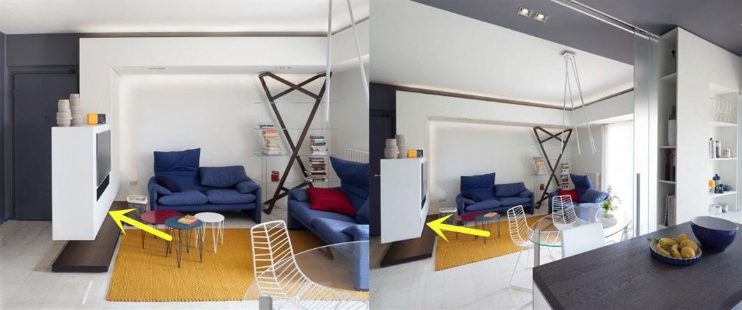 Remove the partition wall between the living room and the study room, and use a wall-mounted suspended TV wall as a partition to realize the interconnection and sharing of functional areas.