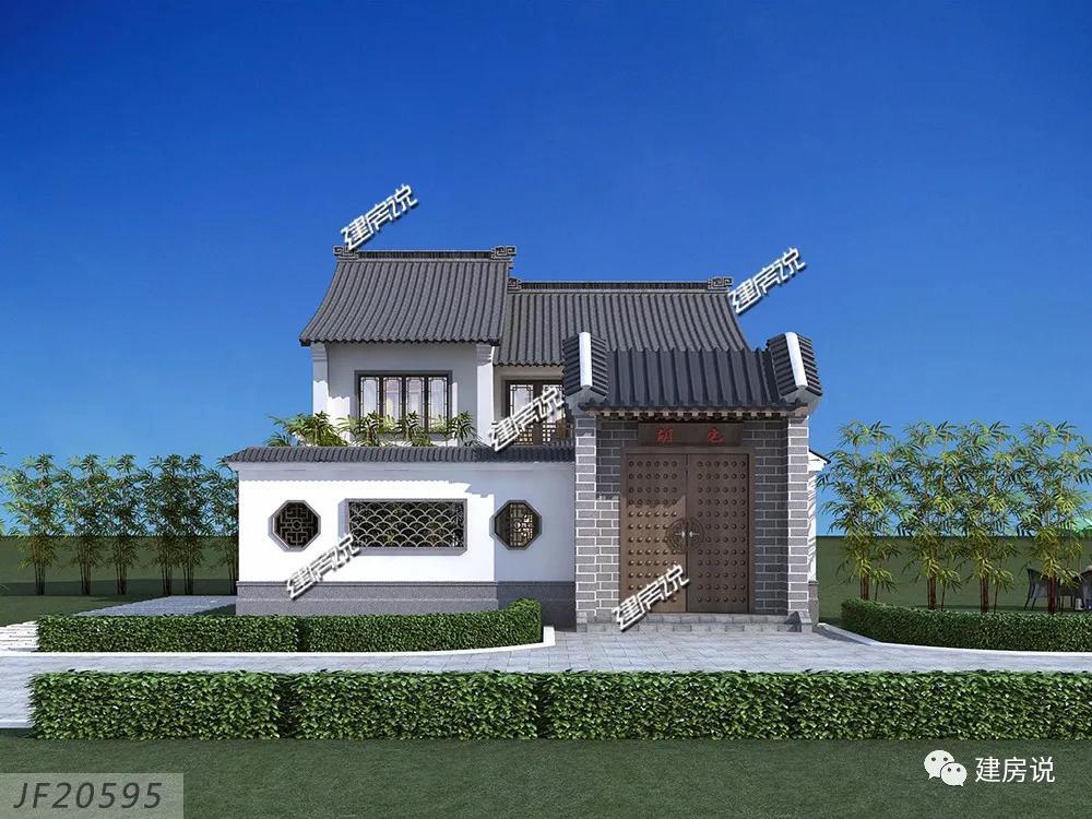 Two-story Chinese-style villa, with white walls and gray tiles, hollow design, retro door, and strong classical atmosphere