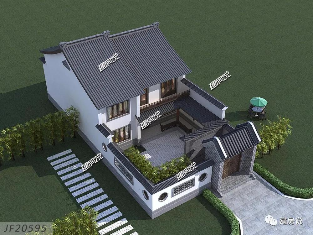 Two-story Chinese-style villa, with white walls and gray tiles, hollow design, retro door, and strong classical atmosphere