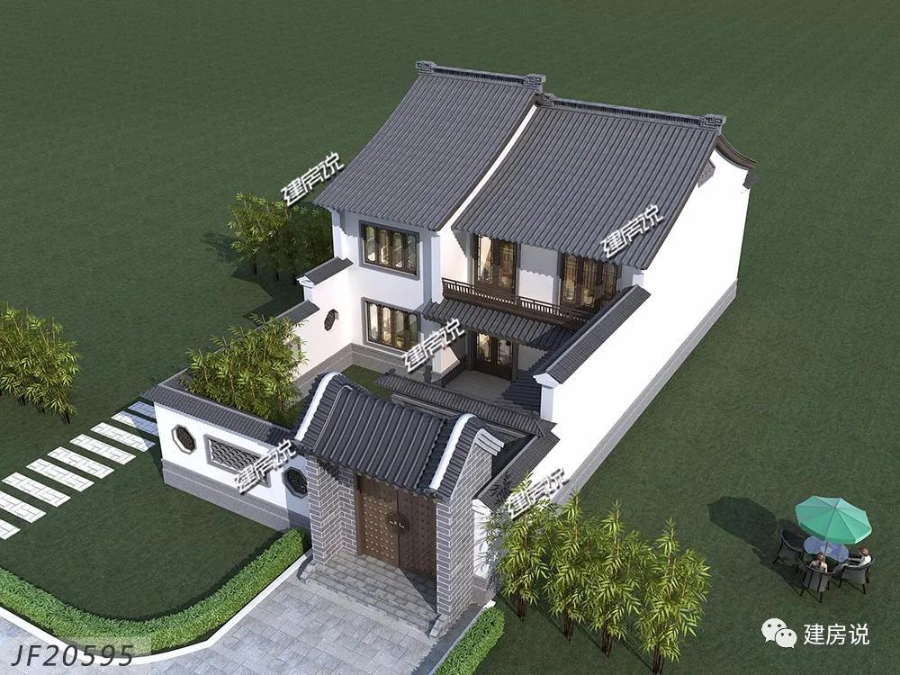 Two-story Chinese-style villa, with white walls and gray tiles, hollow design, retro door, and strong classical atmosphere
