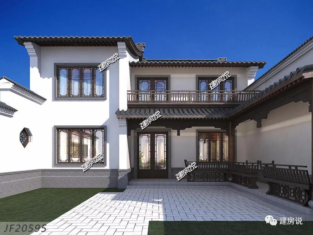 Two-story Chinese-style villa, with white walls and gray tiles, hollow design, retro door, and strong classical atmosphere