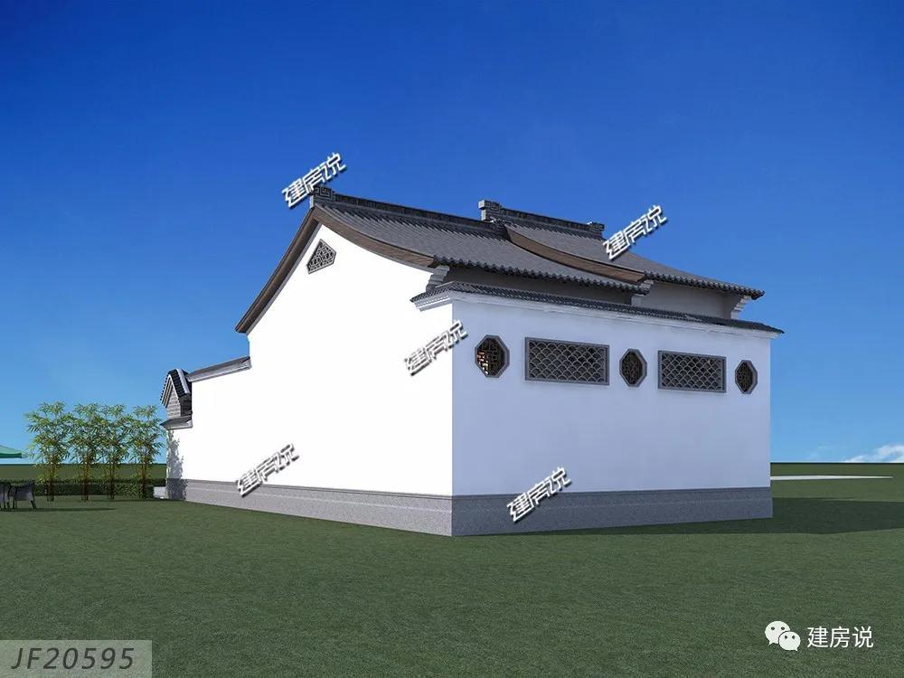 Two-story Chinese-style villa, with white walls and gray tiles, hollow design, retro door, and strong classical atmosphere